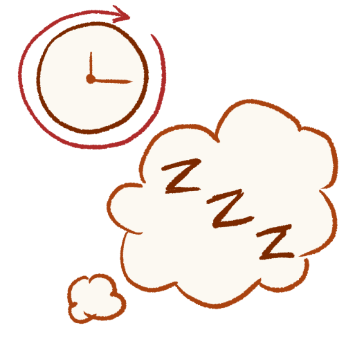 A drawing of a thought bubble containing three Z's next to a clock. A round arrow goes all around the clock.